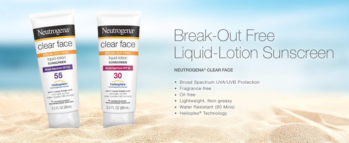 Neutrogena Clear Face Liquid Lotion Sunblock có bao bì đơn giản dạng tuýp truyền thống