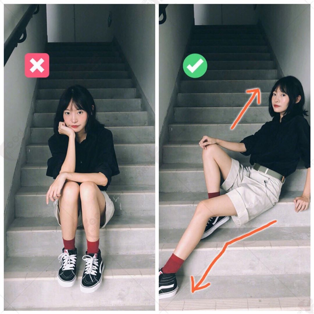Cách tạo dáng chụp ảnh ngầu cho nữ đẹp khi ngồi ở cầu thang